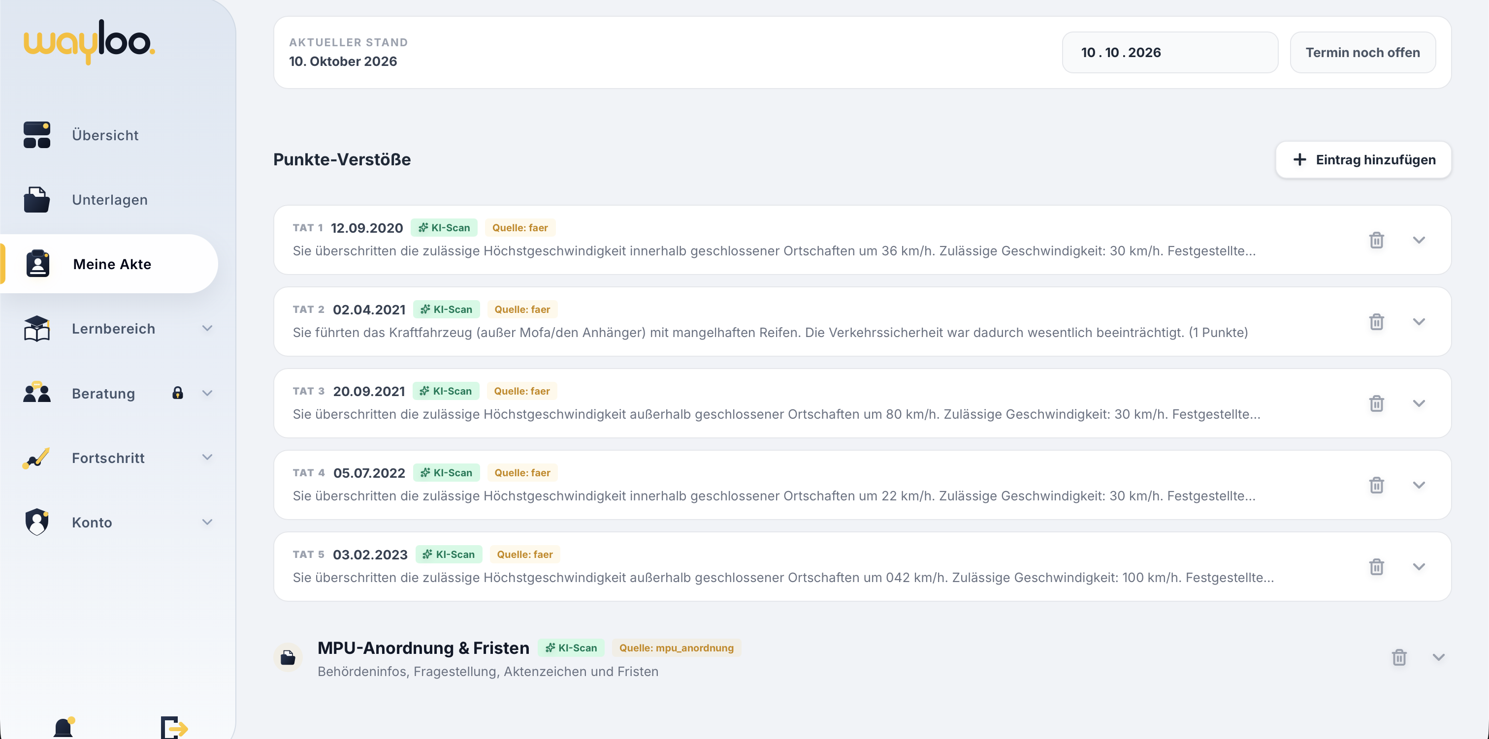 Digitale Wayloo Akte mit automatisch erkannten Verstößen und Fristen